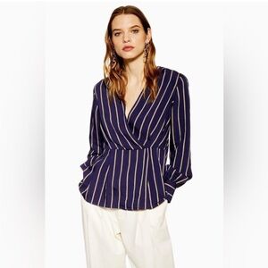 Topshop Long Sleeve Stripe Plunge Wrap Top Blouse in Navy